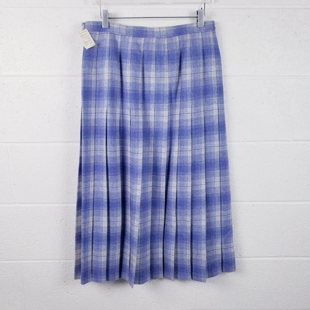 Vintage Pendleton Midi Skirt Periwinkle Blue Plaid Pleated Wool Womens 14